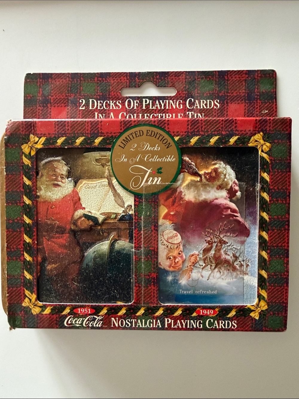 Coca-Cola Red & Green Holiday Nostalgia Tin with Vintage Santa Artwork